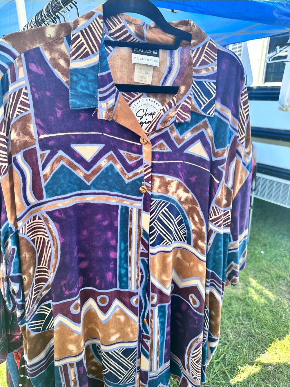 Caliche Collection Geometric Button-Up Shirt in Purple, Teal & Brown